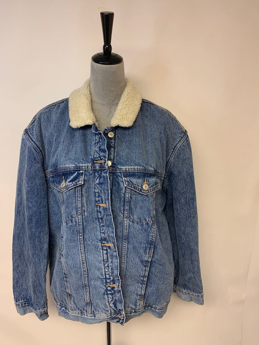 Old Navy Boyfriend Denim Bomber Jacket Classic Trucker   Sherpa Womens SZ XL